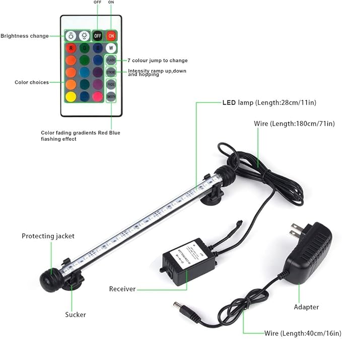 LED Aquarium Lights RGB Fish Tank Lights Underwater IP68 Waterproof Submersible Remote Control Tank Lights Color Changing Fish Aquarium Tank Waterfall Lighting, 11 inch S+SMIFUL