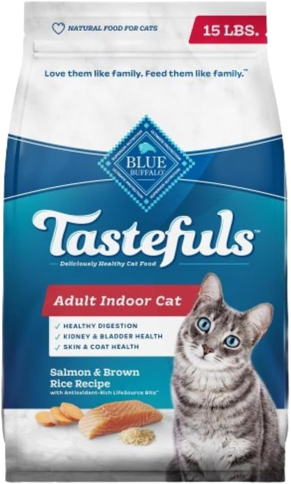 Blue Buffalo Tastefuls Natural Dry Food for Adult Indoor Cats, Salmon & Brown Rice Recipe, 15-lb. Bag - PAWPICO