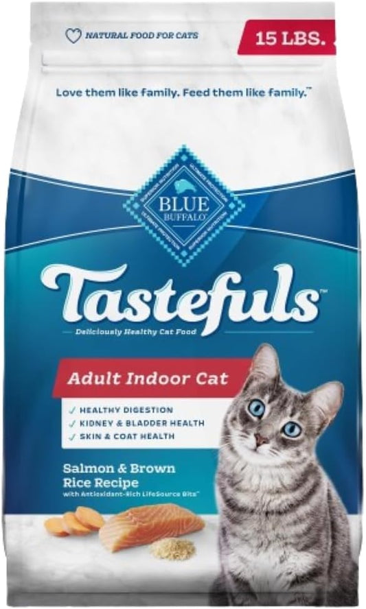 Blue Buffalo Tastefuls Natural Dry Food for Adult Indoor Cats, Salmon & Brown Rice Recipe, 15-lb. Bag - PAWPICO