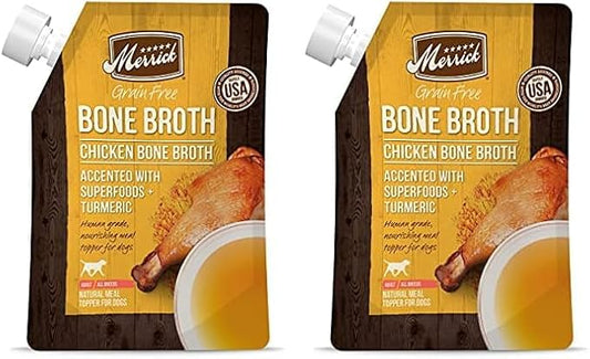 Merrick Grain Free Bone Broth, Premium Human Grade And Gluten Free Dog And Cat Food Topper Pouches, Chicken - 16 oz. Pouch. (Pack of 2) - PAWPICO