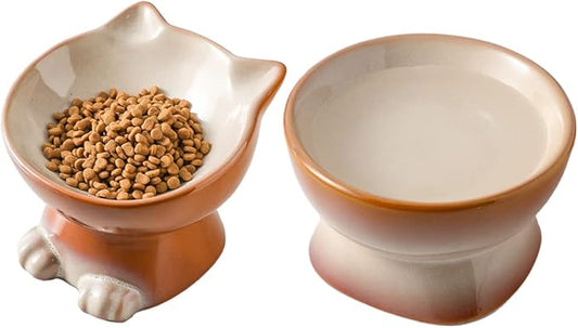 Nihow Elevated Cat/Dog Bowls Set : 6.2 Inch Ceramic Raised Cat Food & Water Bowl Set for Protecting Pet's Spine - Feeding & Watering Supplies for Cat/Small Size Dog - Elegant Brown (2PC) - PAWPICO