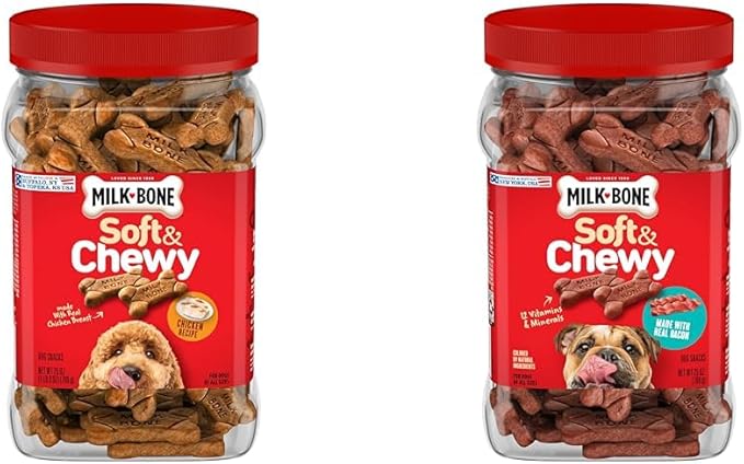 Milk-Bone Soft & Chewy Dog Treats Bundle: Chicken Recipe 25 Ounce + Real Bacon 25 Ounce - PAWPICO