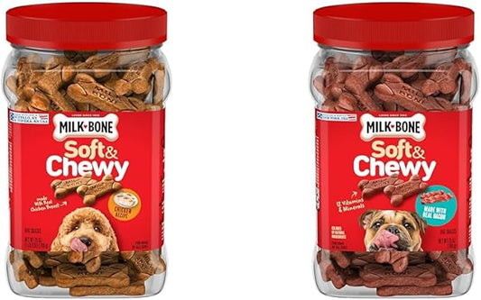 Milk-Bone Soft & Chewy Dog Treats Bundle: Chicken Recipe 25 Ounce + Real Bacon 25 Ounce - PAWPICO