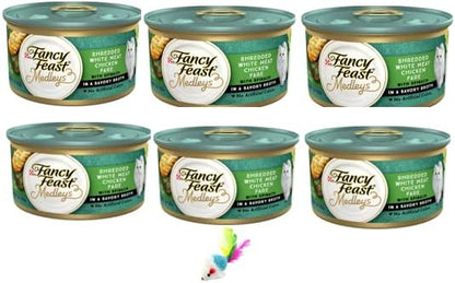 6 Cans of Fncy Fest Medleys Shredded White Meat Chicken Fare Canned Cat Food, 3-oz, ea with a Cat Toy - PAWPICO