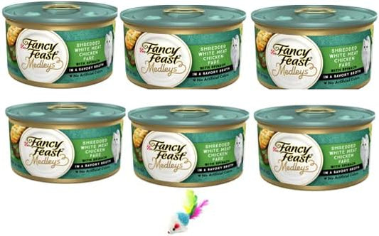 6 Cans of Fncy Fest Medleys Shredded White Meat Chicken Fare Canned Cat Food, 3-oz, ea with a Cat Toy - PAWPICO
