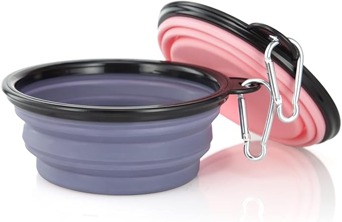 Dog Bowl Pet Collapsible Bowls, 2 Pack Collapsible Dog Water Bowls for Cats Dogs, Portable Pet Feeding Watering Dish for Walking Parking Traveling with 2 Carabiners (Small, Purple+Fairy Pink) - PAWPICO