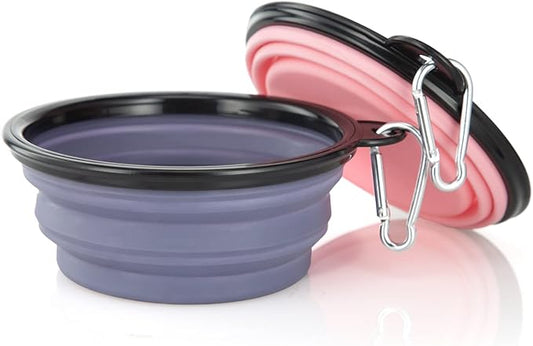 Dog Bowl Pet Collapsible Bowls, 2 Pack Collapsible Dog Water Bowls for Cats Dogs, Portable Pet Feeding Watering Dish for Walking Parking Traveling with 2 Carabiners (Small, Purple+Fairy Pink) - PAWPICO