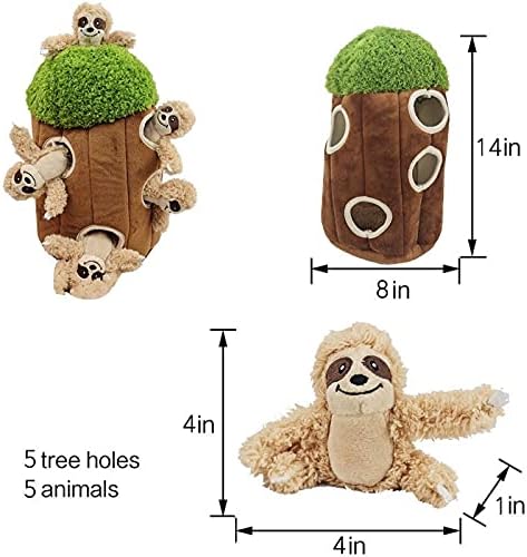 Sloth in Tree Hide and Seek Dog Toy for Small and Medium Size Dogs, Plush Sloth Inside Trunk Dog Toy with Squeaker, Interactive Burrow Dog Toy (Tree with Sloths, Large) - PAWPICO