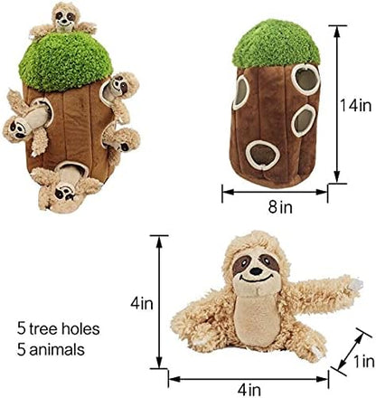 Sloth in Tree Hide and Seek Dog Toy for Small and Medium Size Dogs, Plush Sloth Inside Trunk Dog Toy with Squeaker, Interactive Burrow Dog Toy (Tree with Sloths, Large) - PAWPICO