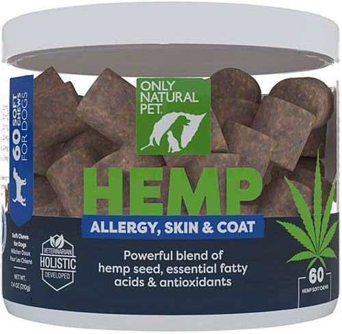 Only Natural Pet Allergy, Skin & Coat Hemp Soft Chews - Allergy Immune Bites for Dogs, Omega 3 Supplement, Hemp Oil - Calming Treats for Itchy Skin Relief, Hot Spot - (60 Count) OnlyNaturalPet