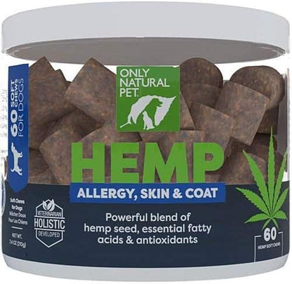 Only Natural Pet Allergy, Skin & Coat Hemp Soft Chews - Allergy Immune Bites for Dogs, Omega 3 Supplement, Hemp Oil - Calming Treats for Itchy Skin Relief, Hot Spot - (60 Count) OnlyNaturalPet