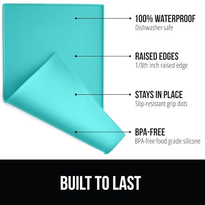 Gorilla Grip 100% Waterproof Raised Edge BPA Free Silicone Pet Feeding Mat, Dog Cat Food Mats Contain Spills Protects Floors, Placemats for Cats and Dogs Water Bowl, Pets Accessories 16x10, Turquoise - PAWPICO