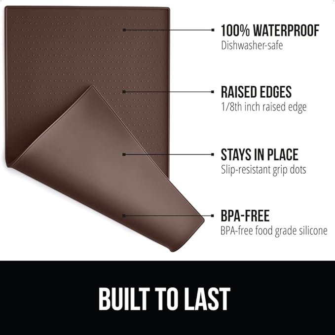Gorilla Grip 100% Waterproof Raised Edge BPA Free Silicone Pet Feeding Mat, Dog Cat Food Mats Contain Spills Protects Floors, Placemats for Cats and Dogs Water Bowl, Pets Accessories 18.5x11.5 Brown - PAWPICO