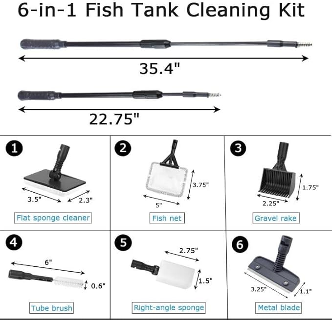 AQUANEAT Fish Tank Cleaning Tools, 6 in 1 Aquarium Cleaning Tools, Including Algae Scraper, Sponge Pad, Fish Net, Gravel Rake and Cleaning Brush Aquaneat