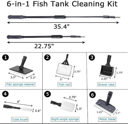 AQUANEAT Fish Tank Cleaning Tools, 6 in 1 Aquarium Cleaning Tools, Including Algae Scraper, Sponge Pad, Fish Net, Gravel Rake and Cleaning Brush Aquaneat