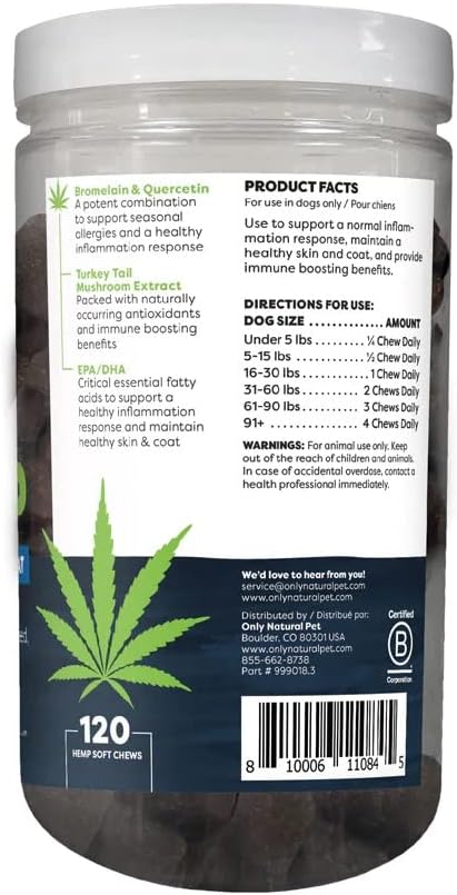 Only Natural Pet Allergy, Skin & Coat Hemp Soft Chews - Allergy Immune Bites for Dogs, Omega 3 Supplement, Hemp Oil - Calming Treats for Itchy Skin Relief, Hot Spot - (120 Count) OnlyNaturalPet
