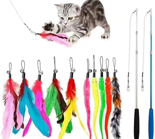 Cat Toys Feather Toy, 2PCS Retractable Wand and 10PCS Replacement Teaser with Bell Refills, Interactive Catcher and Funny Exercise for Kitten. - PAWPICO