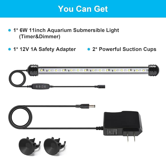 6W 11inch Submersible Aquarium Light Underwater Fish Tank Light LED Aquarium Light Bar with Timer Auto On/Off and Dimmer Adjustable Brightness, 1 Yr Warranty DaToo