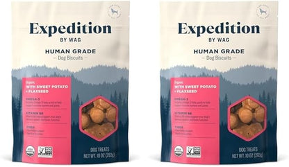 Amazon Brand - Wag Expedition Human Grade Organic Biscuits Dog Treats, Non-GMO, Gluten Free, Sweet Potato & Flaxseed, 10oz (Pack of 2) - PAWPICO