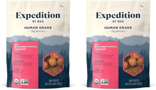 Amazon Brand - Wag Expedition Human Grade Organic Biscuits Dog Treats, Non-GMO, Gluten Free, Sweet Potato & Flaxseed, 10oz (Pack of 2) - PAWPICO