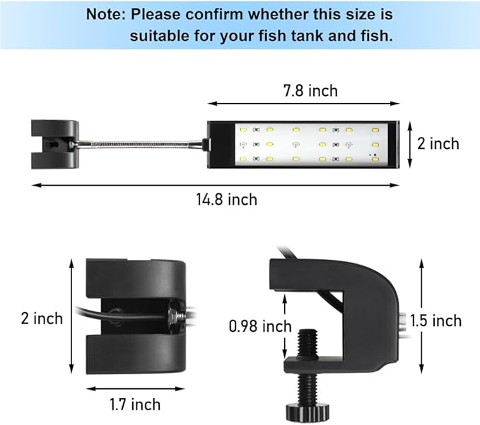 Aquarium Light Small LED Clip Light for Fish Tank 7W, 1 Yr Warranty DaToo