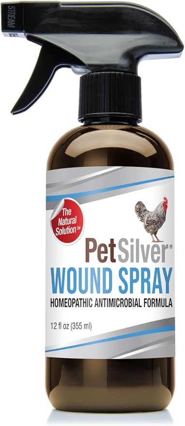 PetSilver Chicken Wound Spray for Chickens & Birds - Patented Silver Solution - Silver Spray for Wounds, Pecking Sores, Bumblefoot, Cuts, Burns, & Skin Irritations - Chicken Care - USA Made - 12 fl oz PetSilver