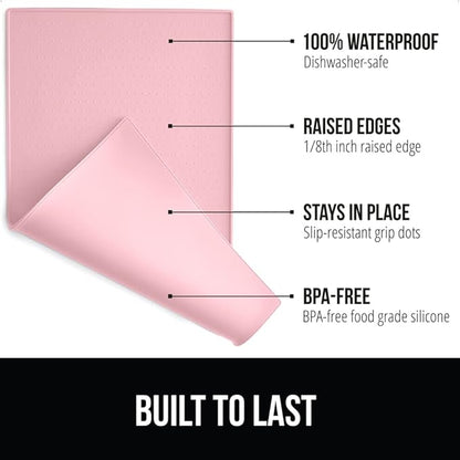 Gorilla Grip 100% Waterproof Raised Edge BPA Free Silicone Pet Feeding Mat, Dog Cat Food Mats Contain Spills Protects Floors, Placemats for Cats and Dogs Water Bowl, Pets Accessories 16x10, Pink - PAWPICO