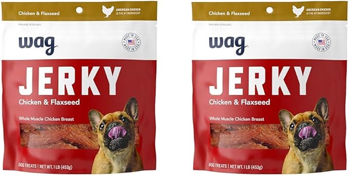 Amazon Brand – Wag Chewy Whole Muscle American Jerky Dog Treats – Chicken & Flaxseed (1 lb), Grain Free (Pack of 2) - PAWPICO