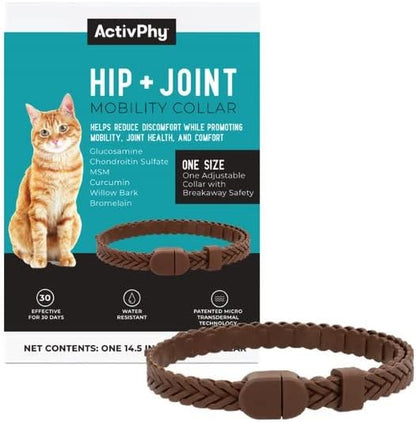 Hip + Joint Mobility Collar for Cats with Glucosamine, Chondroitin, MSM, and More | Convenient & Easy | 30 Days of Continuous Support | Water Resistant, Adjustable Activphy