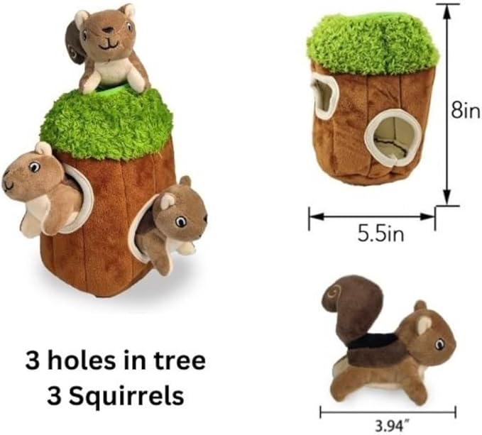 Squirrel in Tree Hide and Seek Dog Toy for Small and Medium Size Dogs, Plush Squirrel Inside Trunk Dog Toy with Squeaker, Interactive Burrow Dog Toy (Tree with Squirrels, Small) - PAWPICO