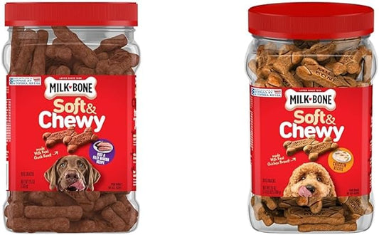 Milk-Bone Soft & Chewy Dog Treats Bundle: Beef & Filet Mignon Recipe, 25 Ounce + Chicken Breast Recipe, 25 Ounce - PAWPICO