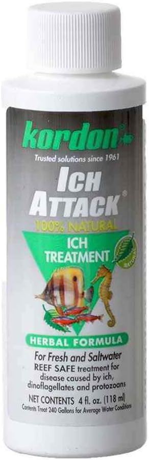 Kordon Ich-Attack Disease Inhibitor: Natural Solution for Ich & External Fish Diseases, 100% Organic Herbal Treatment for Fresh & Saltwater, Safe for Invertebrates, Made in The USA, 4-Ounces Kordon
