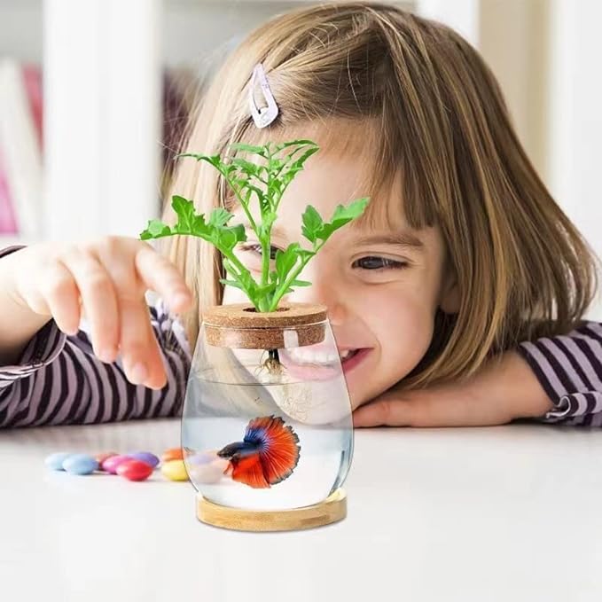 Desktop Fish Bowl Clear Glass Small Fish Tank with Wood Lid and Bamboo Stand for Betta Fish Plants Terrarium Home Office Decoration Gifts CUSNESTAL