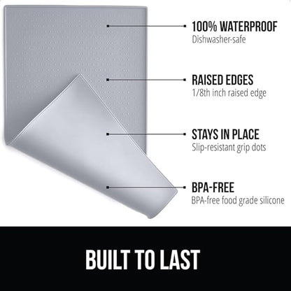Gorilla Grip 100% Waterproof Raised Edge BPA Free Silicone Pet Feeding Mat, Dog Cat Food Mats Contain Spills Protects Floors, Placemats for Cats, Dogs Water Bowl, Pets Accessories 16x10, Light Gray - PAWPICO