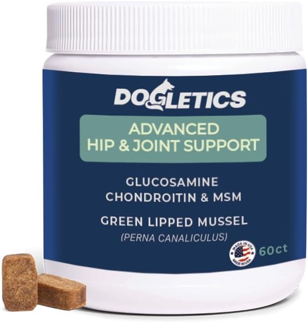 Advanced Hip & Joint Supplements for Dogs, USA Made with Glucosamine & Green Lipped Muscle for Mobility Health, 60ct Dogletics