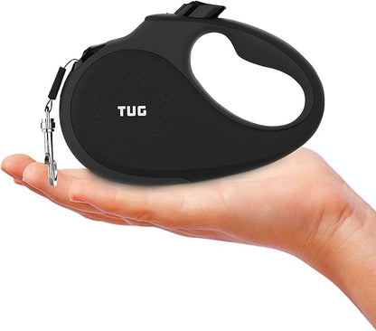TUG Tiny 360° Tangle-Free Retractable Dog Leash with Anti-Slip Handle | 10 ft Nylon Tape | One-Handed Brake, Pause, Lock (Black/Grey) TUG