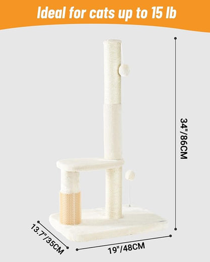 Happi N Pets 34“ Tall Cat Scratching Post for Big Cats, Natural Sisal Cat Scratchers for Indoor Cats, Heavy Duty Cat Stands Featuring with Cat Self Groomer and Hanging Toys, Free Catnip-Beige - PAWPICO