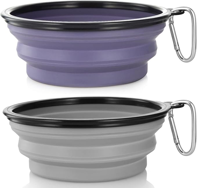 Dog Bowl Pet Collapsible Bowls, 2 Pack Collapsible Dog Water Bowls for Cats Dogs, Portable Pet Feeding Watering Dish for Walking Parking Traveling with 2 Carabiners (Large, Purple & Concrete Gray) - PAWPICO