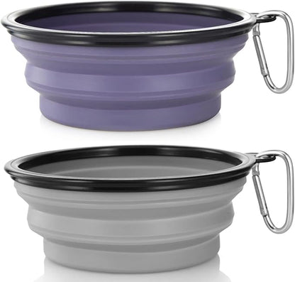 Dog Bowl Pet Collapsible Bowls, 2 Pack Collapsible Dog Water Bowls for Cats Dogs, Portable Pet Feeding Watering Dish for Walking Parking Traveling with 2 Carabiners (Large, Purple & Concrete Gray) - PAWPICO