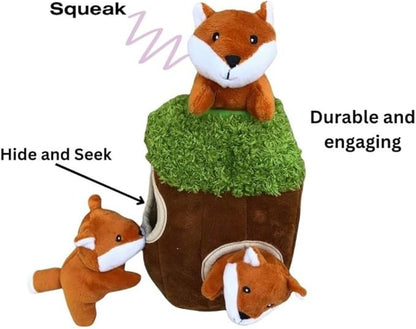 Fox in Tree Hide and Seek Dog Toy for Small and Medium Size Dogs, Plush Fox Inside Trunk Dog Toy with Squeaker, Interactive Burrow Dog Toy (Tree with Fox, Small) - PAWPICO