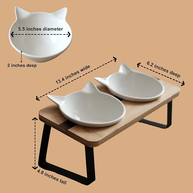 Ergonomic Cat Ceramic Bowls Stand for Food and Water, Small Dog, Anti Vomit, Indoor Cats, Elevated, Tilted Feeding Position, Full Bamboo Stand with Food Grade, Whisker Friendly Dish for Cats and Puppy - PAWPICO