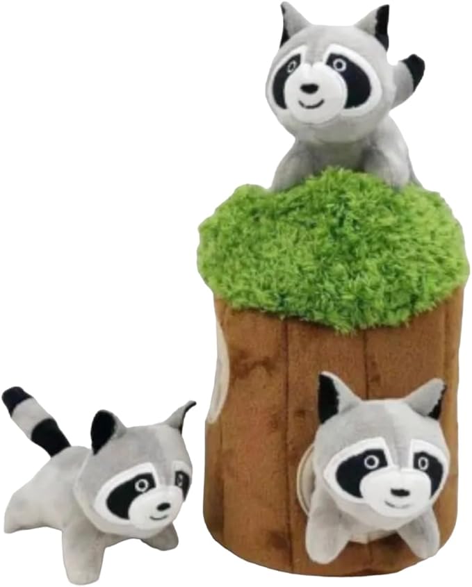 Raccoon in Tree Hide and Seek Dog Toy for Small and Medium Size Dogs, Plush Raccoon Inside Trunk Dog Toy with Squeaker, Interactive Burrow Dog Toy (Tree with Raccoons, Small) - PAWPICO