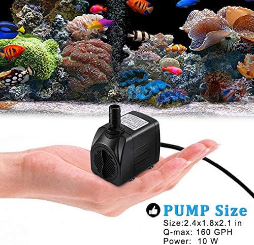 PULACO 10W 160GPH Submersible Pump with 3.3 ft Tubing for Aquariums, Fish Tank, Pond Fountain, Statuary, Hydroponics, Water Feature, Indoor Fountains PULACO
