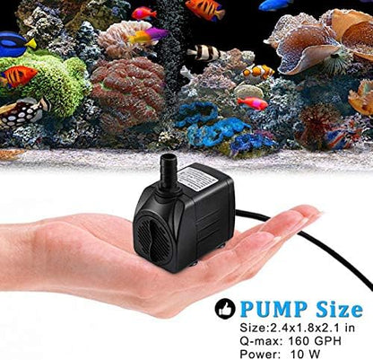 PULACO 10W 160GPH Submersible Pump with 3.3 ft Tubing for Aquariums, Fish Tank, Pond Fountain, Statuary, Hydroponics, Water Feature, Indoor Fountains PULACO