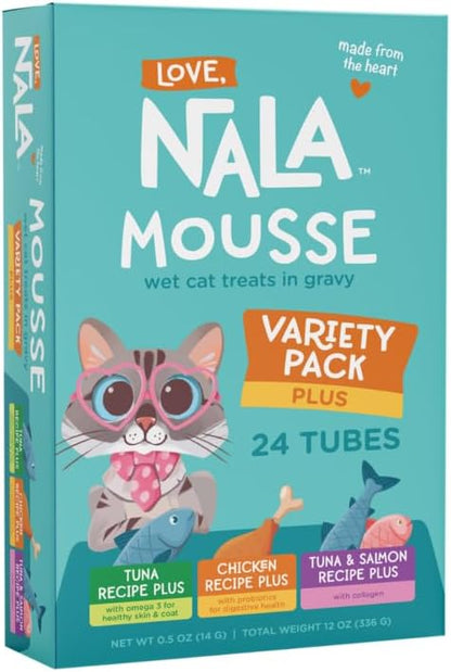 LOVE, NALA - Natural Lickable Cat Squeeze Up Treat,Topper - Variety Plus Pack Mousse - Wet Food Cat Puree - Grain Free, Fiber Blend, Minerals, Vitamins - 24 Pack - PAWPICO