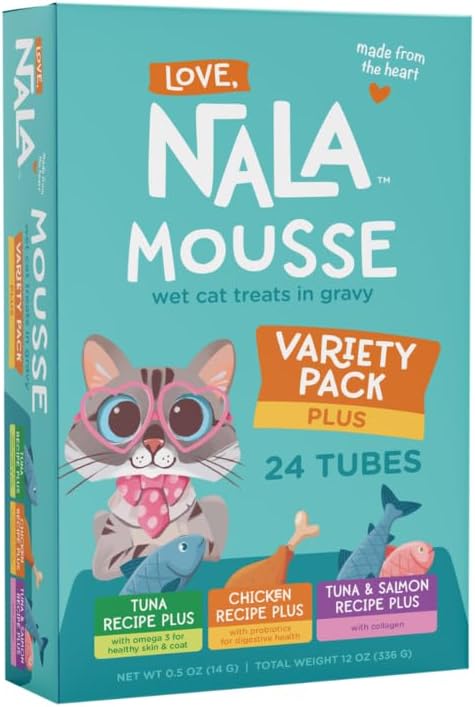 LOVE, NALA - Natural Lickable Cat Squeeze Up Treat,Topper - Variety Plus Pack Mousse - Wet Food Cat Puree - Grain Free, Fiber Blend, Minerals, Vitamins - 24 Pack - PAWPICO
