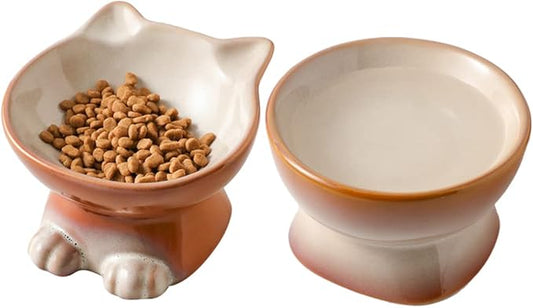 Nihow Elevated Cat/Dog Bowls Set : 5 Inch Ceramic Raised Cat Food & Water Bowl Set for Protecting Pet's Spine - Feeding & Watering Supplies for Pets - Elegant Brown (2 PC) - PAWPICO