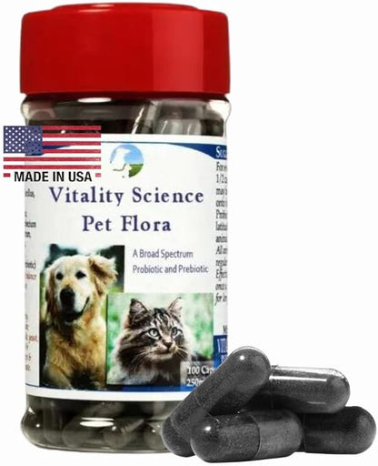 Pet Probiotic for Cats & Dogs | Pet Flora - Great for Diarrhea, Vomiting, Gas, Skin Conditions - Additive Free (100 Caps) VitalityScience
