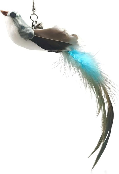 Deluxe Bird Replacement Heads for Cat Toys - Set of 5 - Realistic Feather Designs Including Blue Floral, Two-Tone, Traditional, Black & White, Green Hummingbird - Easy Clip-On - PAWPICO