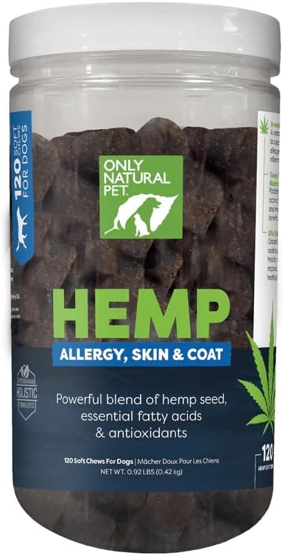 Only Natural Pet Allergy, Skin & Coat Hemp Soft Chews - Allergy Immune Bites for Dogs, Omega 3 Supplement, Hemp Oil - Calming Treats for Itchy Skin Relief, Hot Spot - (120 Count) OnlyNaturalPet